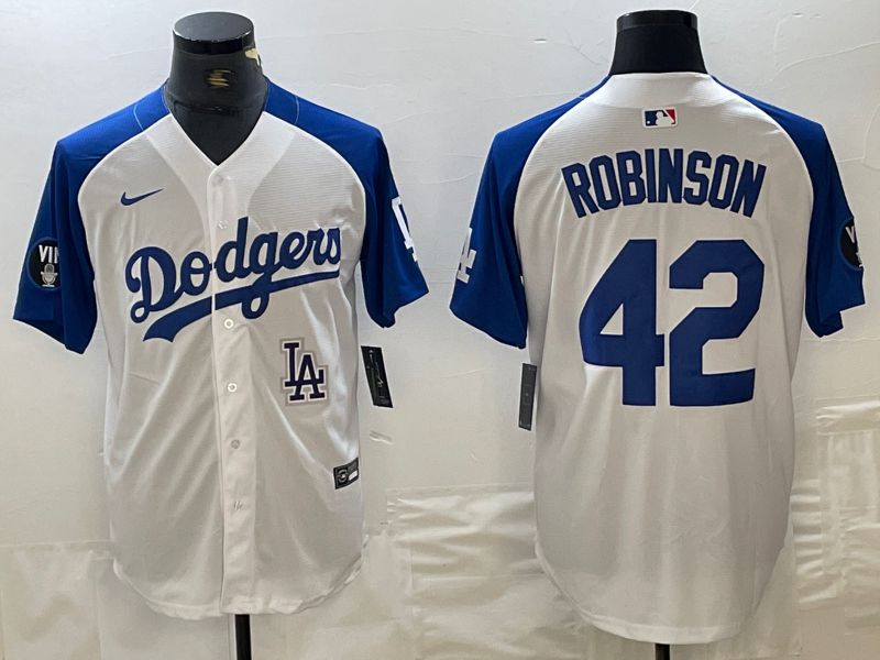 Men Los Angeles Dodgers 42 Robinson White blue Fashion Nike Game MLB Jersey style 5